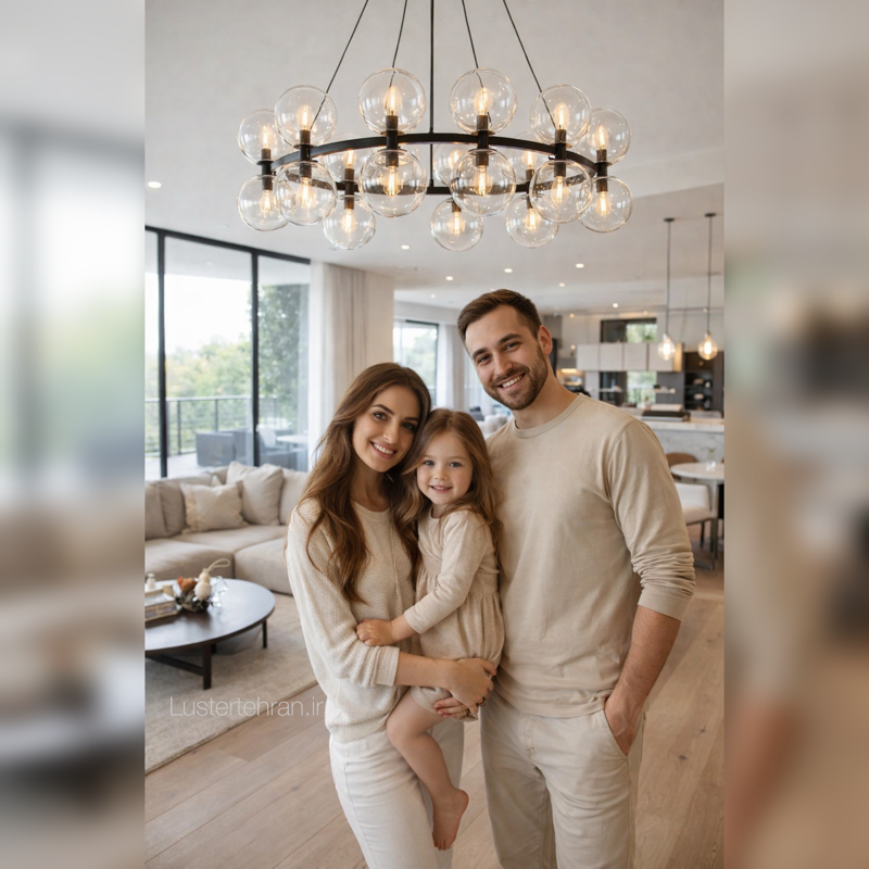 لوستر مولکولی گرد ۲۰ شعله مدل ۲۰۲۶ کد LRB201 با حباب کریستالی شفاف برند OWL