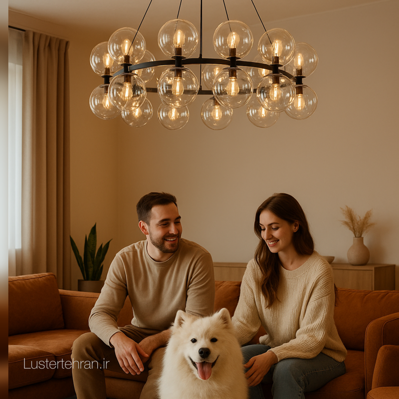 لوستر مولکولی گرد ۲۰ شعله مدل ۲۰۲۶ کد LRB201 با حباب کریستالی شفاف برند OWL